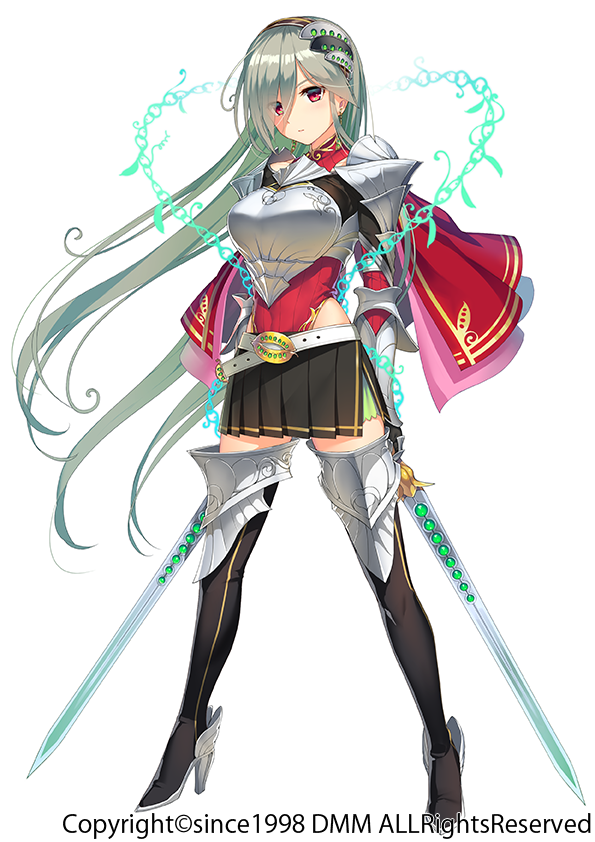 armor armored_dress belt black_footwear black_skirt boots cape dual_wielding expressionless flower_knight_girl full_body grey_hair hairband holding holding_sword holding_weapon iltusa kinusaya_(flower_knight_girl) leotard long_hair looking_at_viewer official_art pleated_skirt red_cape red_eyes red_leotard simple_background skirt solo standing sword thigh_boots thighhighs weapon white_background zettai_ryouiki