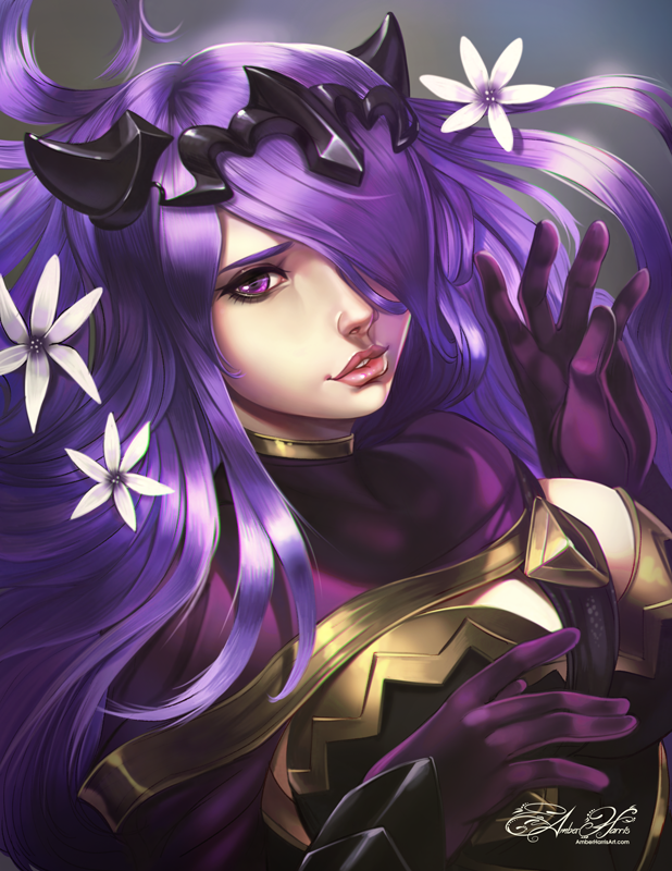 amber_harris black_armor camilla_(fire_emblem_if) fire_emblem fire_emblem_if hair_over_one_eye lips long_hair purple_eyes purple_hair solo tiara upper_body very_long_hair wavy_hair