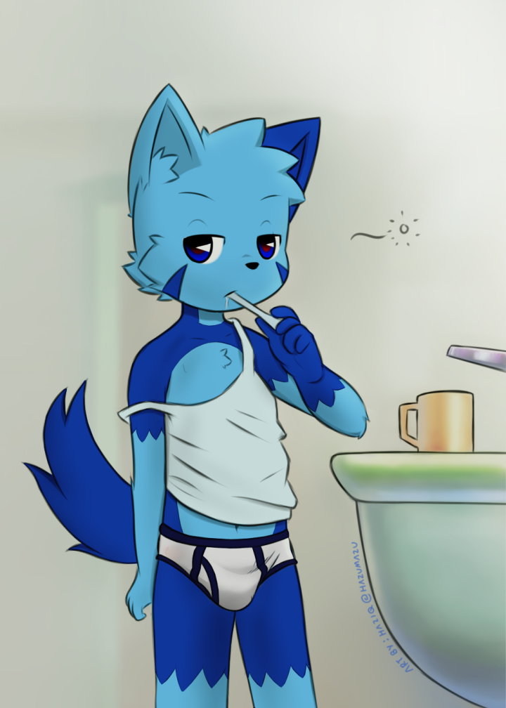 5_fingers briefs brushing_teeth cat child clothing cub feline groggy haziq(hazumazu) hazumazu male mammal navel shirt simple_background solo standing tank_top toothbrush underwear waking_up young