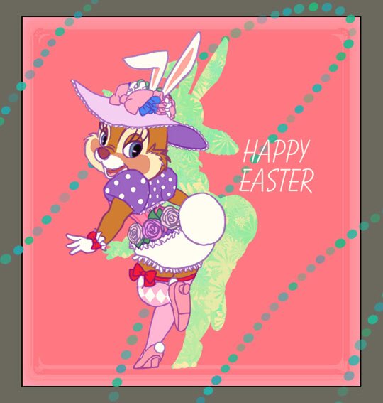 2016 anthro border cheek_tuft chipmunk clarice_(disney) clothed clothing disney dress easter eyelashes fake_ears fake_rabbit_ears fake_rabbit_tail fake_tail female flower footwear fur hat high_heels holiday_message holidays kurokuma824 looking_back mammal on_one_leg open_mouth open_smile pink_background plant red_nose rodent rose shoes simple_background smile solo standing tan_fur tuft white_gloves