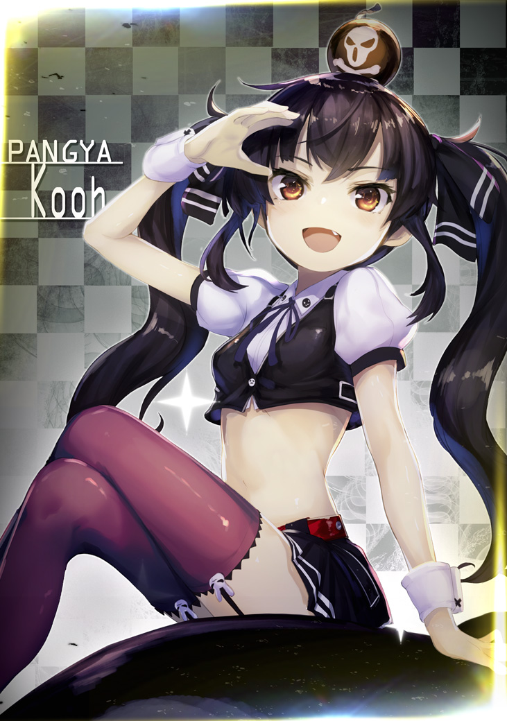 :d arm_up bangs black_hair blush bomb breasts brown_eyes checkered checkered_background cropped_shirt cropped_vest crossed_legs eyebrows_visible_through_hair fang garter_straps kooh long_hair looking_at_viewer md5_mismatch midriff miniskirt minutachi open_mouth pangya puffy_short_sleeves puffy_sleeves purple_legwear short_sleeves sitting skirt small_breasts smile solo thighhighs twintails very_long_hair wrist_cuffs zettai_ryouiki