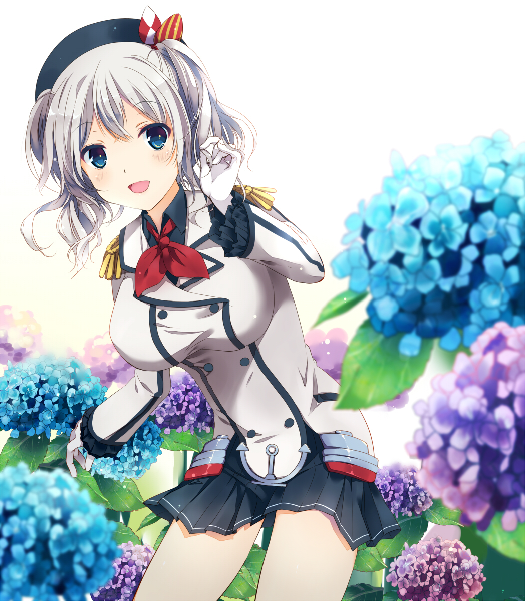 :d amanatsu_yuzuka bangs beret blue_eyes breasts buttons collared_shirt commentary cowboy_shot epaulettes floral_background flower frilled_sleeves frills gloves grey_shirt hat highres hydrangea jacket kantai_collection kashima_(kantai_collection) kerchief large_breasts long_hair long_sleeves looking_at_viewer military military_jacket military_uniform miniskirt neckerchief open_mouth pleated_skirt red_neckwear shirt sidelocks silver_hair skirt smile solo tsurime twintails uniform wavy_hair white_gloves white_jacket