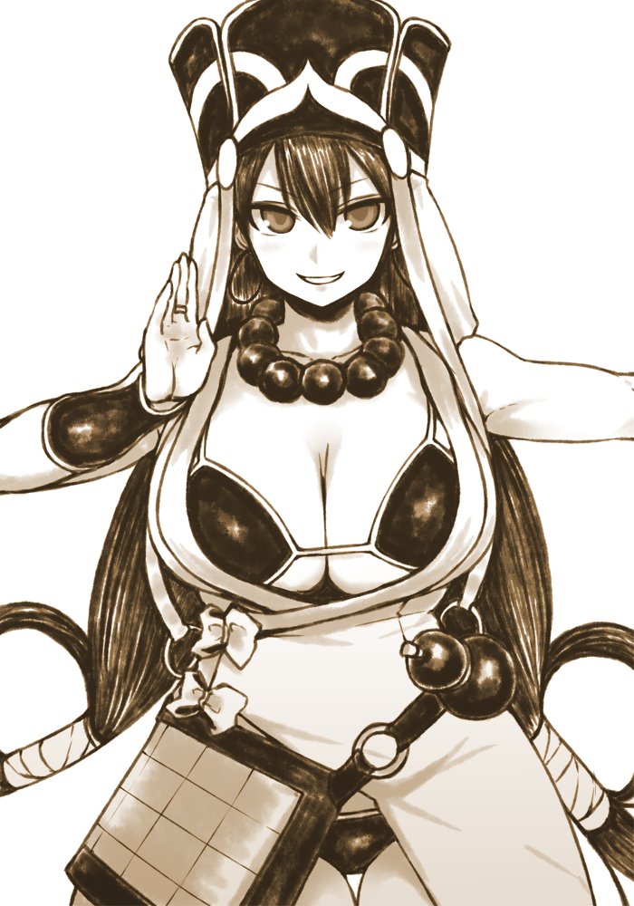 bangs bead_necklace beads bikini bikini_under_clothes bow breasts bridal_gauntlets cleavage collarbone cowboy_shot earrings eyebrows eyebrows_visible_through_hair fate/grand_order fate_(series) gourd hair_between_eyes haseru_(ginku_mh) hat hoop_earrings huge_breasts jewelry long_hair looking_at_viewer necklace o-ring prayer_beads ring simple_background solo standing straight_hair swimsuit swimsuit_under_clothes thigh_gap underboob white_background xuanzang_(fate/grand_order)