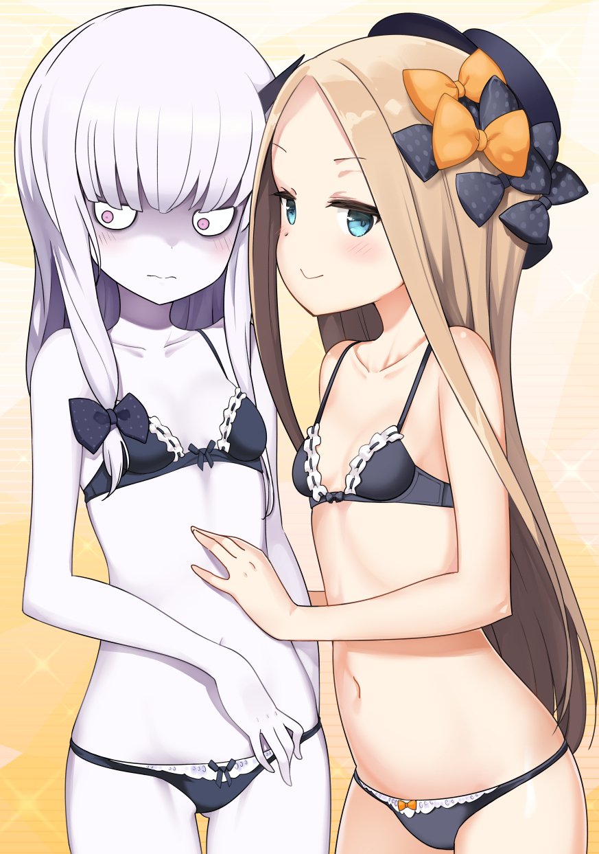 abigail_williams_(fate/grand_order) arm_at_side ass_visible_through_thighs bangs bell_(oppore_coppore) black_bra black_panties blue_eyes bow bow_panties bra breasts closed_mouth commentary_request cowboy_shot fate/grand_order fate_(series) hair_bow hand_on_another's_stomach highres lavinia_whateley_(fate/grand_order) light_brown_hair long_hair looking_away multiple_girls navel pale_skin panties parted_bangs purple_skin ribbon-trimmed_bra sidelocks small_breasts smile underwear underwear_only