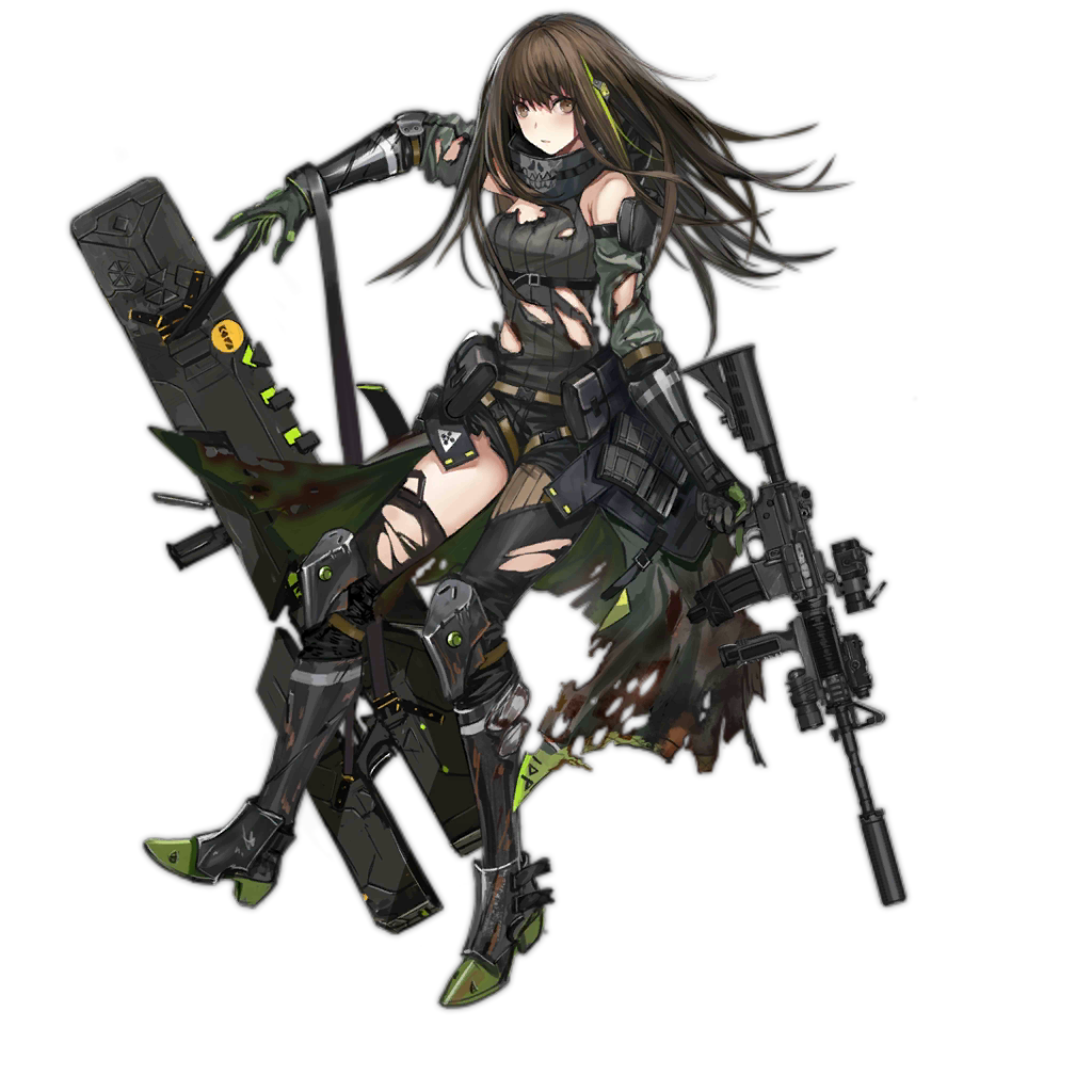 android assault_rifle asymmetrical_legwear black_hair blush brown_eyes expressionless full_body girls_frontline gun gun_case looking_at_viewer m4_carbine m4a1_(girls_frontline) magazine_(weapon) mechanical_arm mod3_(girls_frontline) multicolored_hair official_art rifle scarf single_thighhigh streaked_hair suppressor thighhighs torn_clothes transparent_background weapon zagala