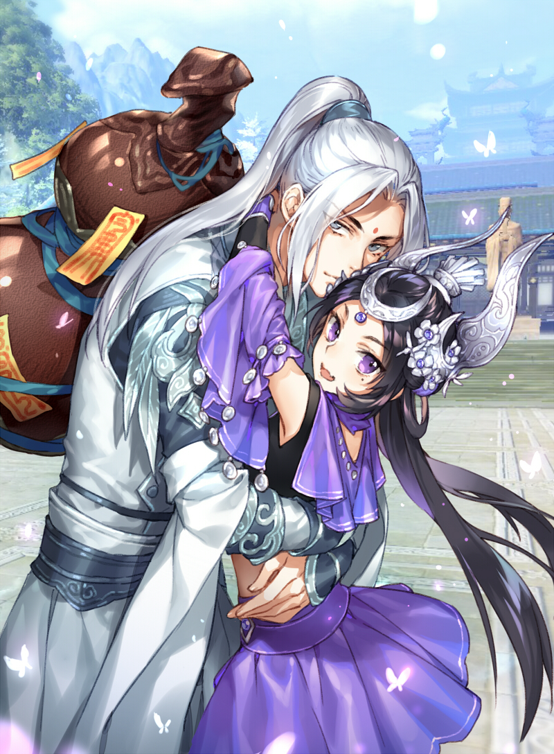 1girl :d architecture bangs black_hair blue_eyes blush bracer bug butterfly closed_mouth day detached_sleeves east_asian_architecture facial_mark fang forehead_mark gourd headpiece hug insect jian_xia_qing_yuan jian_xia_qing_yuan_online_3 kangetsu_(fhalei) long_hair looking_at_viewer mole mole_under_eye open_mouth outdoors parted_bangs ponytail purple_eyes purple_skirt silver_hair skirt smile statue tiara