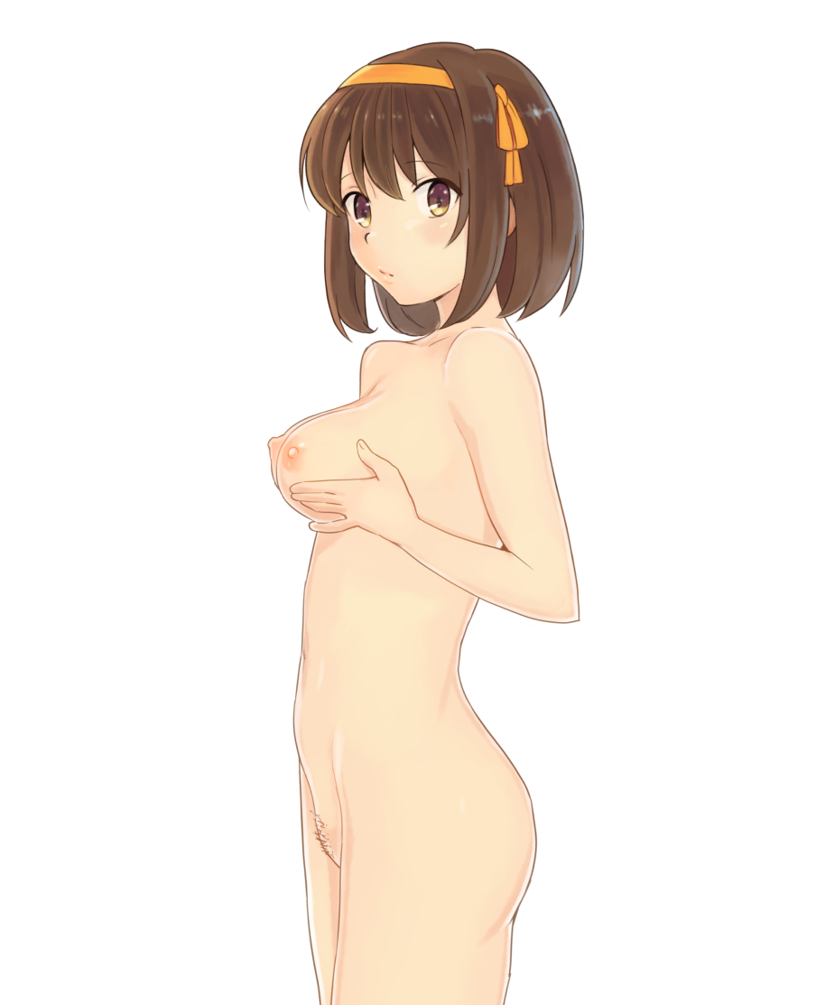 areolae ass bangs breast_lift breasts brown_eyes brown_hair commentary_request eyebrows_visible_through_hair hair_between_eyes hair_ribbon hairband hands_on_own_chest looking_at_viewer medium_breasts navel nipples nishi_tanuki nude orange_hairband pubic_hair ribbon short_hair simple_background solo suzumiya_haruhi suzumiya_haruhi_no_yuuutsu thighs white_background