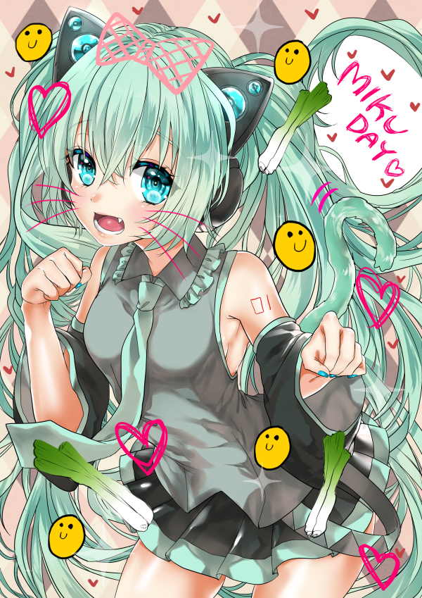 aqua_eyes aqua_hair argyle argyle_background cat_tail character_name commentary_request detached_sleeves eroriru fang hatsune_miku headphones long_hair nail_polish necktie open_mouth paw_pose pleated_skirt skirt solo spring_onion tail twintails very_long_hair vocaloid
