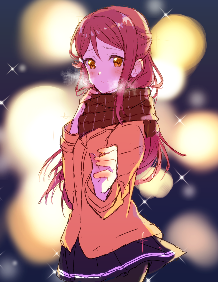 blush brown_eyes jacket long_hair love_live!_sunshine!! purple_hair sakurauchi_riko scarf smile