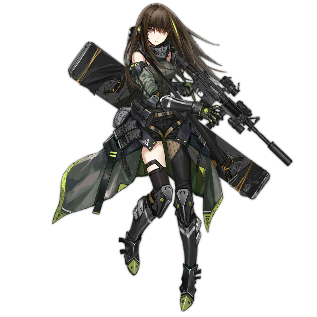 android assault_rifle asymmetrical_legwear black_hair brown_eyes expressionless full_body girls_frontline gun gun_case left-handed looking_at_viewer m4_carbine m4a1_(girls_frontline) magazine_(weapon) mechanical_arm mod3_(girls_frontline) multicolored_hair official_art rifle scarf single_thighhigh streaked_hair suppressor thighhighs transparent_background weapon zagala