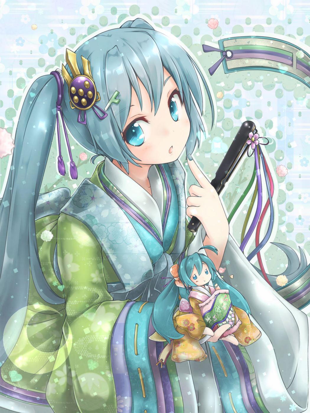 akino_coto aqua_eyes aqua_hair character_doll closed_fan commentary_request fan folding_fan hair_ornament hatsune_miku highres holding holding_fan japanese_clothes kimono layered_clothing layered_kimono long_hair looking_at_viewer nail_polish open_mouth revision solo twintails vocaloid