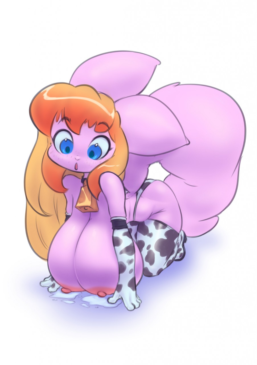 2018 all_fours anthro areola armwear big_breasts big_ears blue_eyes boots breasts clothed clothing cowbell digital_media_(artwork) elbow_gloves feline female fluffy fluffy_tail footwear fur gloves hair huge_breasts lactating legwear long_hair looking_at_breasts mammal milk nipples open_mouth orange_hair pink_fur pink_nipples sagging_breasts simple_background solo spotted_clothing thefuckingdevil thigh_high_boots thong toony topless