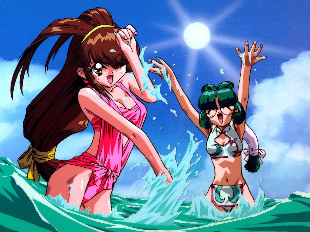 90s antenna_hair aqua_hair arms_up battle_athletes blocking breasts brown_eyes brown_hair chinese_clothes cleavage_cutout closed_eyes day hair_over_one_eye hairband hand_to_head kanzaki_akari long_hair low-tied_long_hair medium_breasts multiple_girls navel non-web_source official_art open_mouth outdoors pink_swimsuit rimless_eyewear round_eyewear splashing sun swimsuit wading water wong_lio-pha