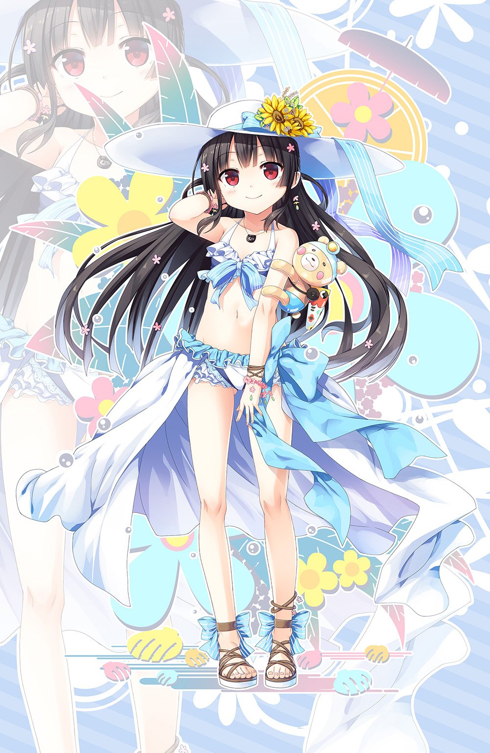 bare_shoulders bikini black_hair collarbone commentary_request cura flower full_body hachiroku_(maitetsu) hair_flower hair_ornament hand_in_hair hat hat_ribbon highres jewelry long_hair maitetsu navel pendant red_eyes ribbon sandals smile solo sun_hat sunflower swimsuit toes zoom_layer