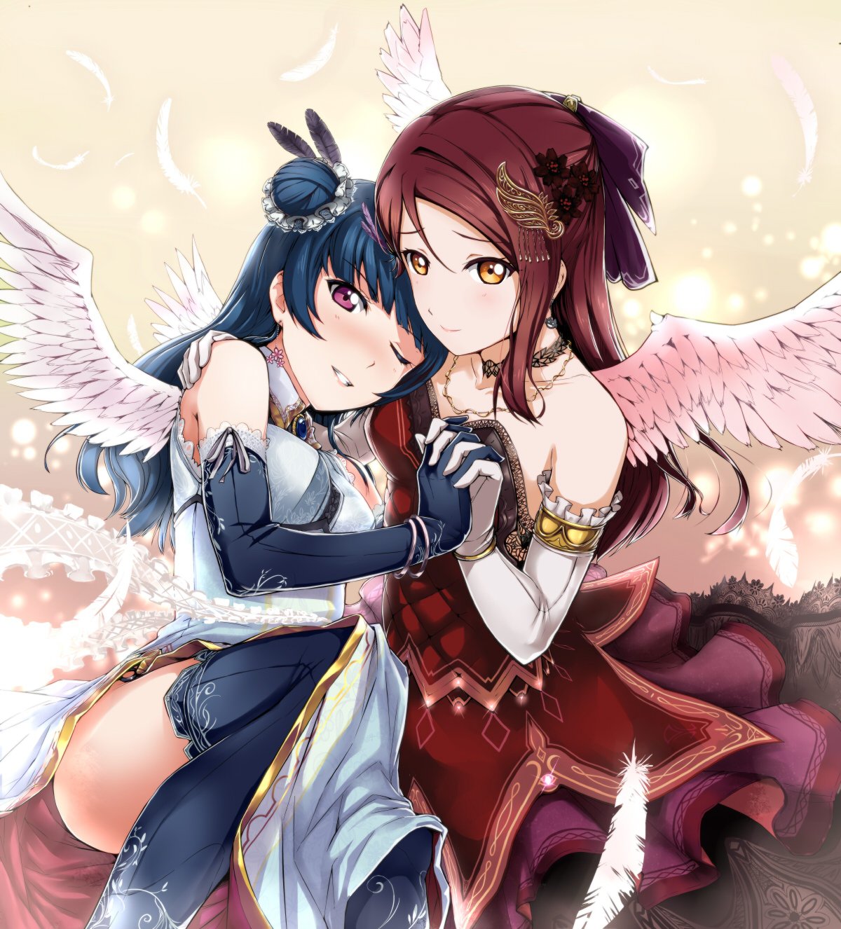 angel_wings bare_shoulders blue_hair dress elbow_gloves feathers gloves hair_bun hair_ornament hi-ho- highres holding_hands jewelry love_live! love_live!_sunshine!! multiple_girls necklace one_eye_closed red_eyes red_hair sakurauchi_riko thighhighs tsushima_yoshiko wings yellow_eyes
