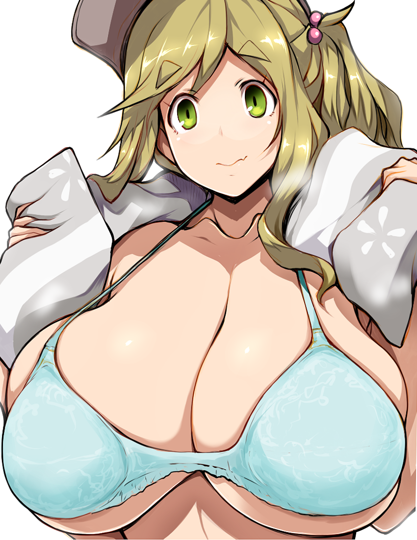 bangs blue_bra bra breasts cleavage closed_mouth eyebrows_visible_through_hair fang_out hat huge_breasts inuyama_aoi scarf side_ponytail simple_background smile solo swept_bangs thick_eyebrows tsukasawa_takamatsu underboob underwear upper_body white_background yurucamp