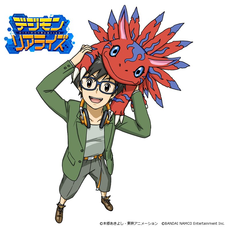 black_hair blue-framed_eyewear blue_eyes brown_eyes brown_footwear claws commentary_request company_name creature creature_on_head digimon digimon_rearise elecmon green_jacket grey_legwear grey_shirt grey_shorts headphones headphones_around_neck jacket logo looking_at_viewer nakatsuru_katsuyoshi official_art open_mouth orange_headphones shirt shoes shorts simple_background smile socks tamada_keito watermark white_background