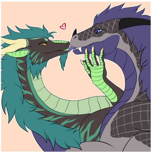 &lt;3 ambiguous_gender blue_hair darris dragon duo eastern_dragon green_hair hair hug kissing looking_at_another noodle_(herpderplol) scalie side_view silvergrin tongue tongue_out western_dragon yellow_eyes