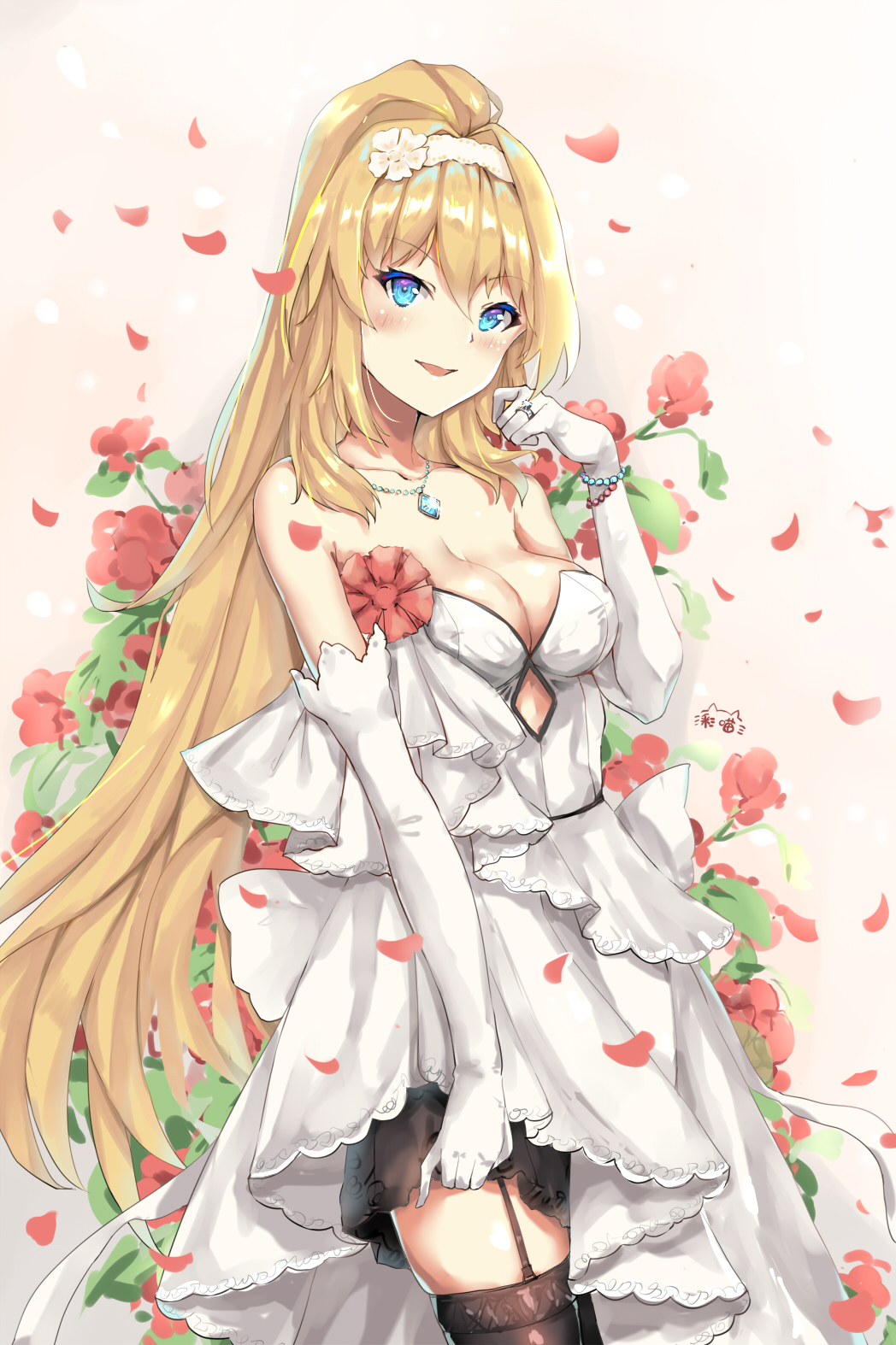 bangs bare_shoulders black_legwear blonde_hair blue_eyes blush bracelet breasts cleavage commentary_request dress duke_of_york_(zhan_jian_shao_nyu) elbow_gloves eyebrows_visible_through_hair flower garter_straps gloves hair_between_eyes hairband high_ponytail highres jewelry long_hair medium_breasts pearl_bracelet pendant ponytail red_flower ring signature solo strapless strapless_dress thighhighs very_long_hair white_dress white_gloves white_hairband zhan_jian_shao_nyu zhudacaimiao