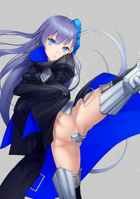 &gt;:( ass_visible_through_thighs bad_id bad_pixiv_id banned_artist black_legwear blue_bow blue_eyes blush bow crossed_arms crotch_plate fate/grand_order fate_(series) hair_bow head_tilt high_collar juliet_sleeves kicking kyoeiki long_hair long_sleeves looking_at_viewer meltlilith military military_uniform naval_uniform puffy_sleeves purple_hair revision serious shin_guards sleeves_past_fingers sleeves_past_wrists solo spread_legs thighhighs uniform v-shaped_eyebrows very_long_hair waist_cape