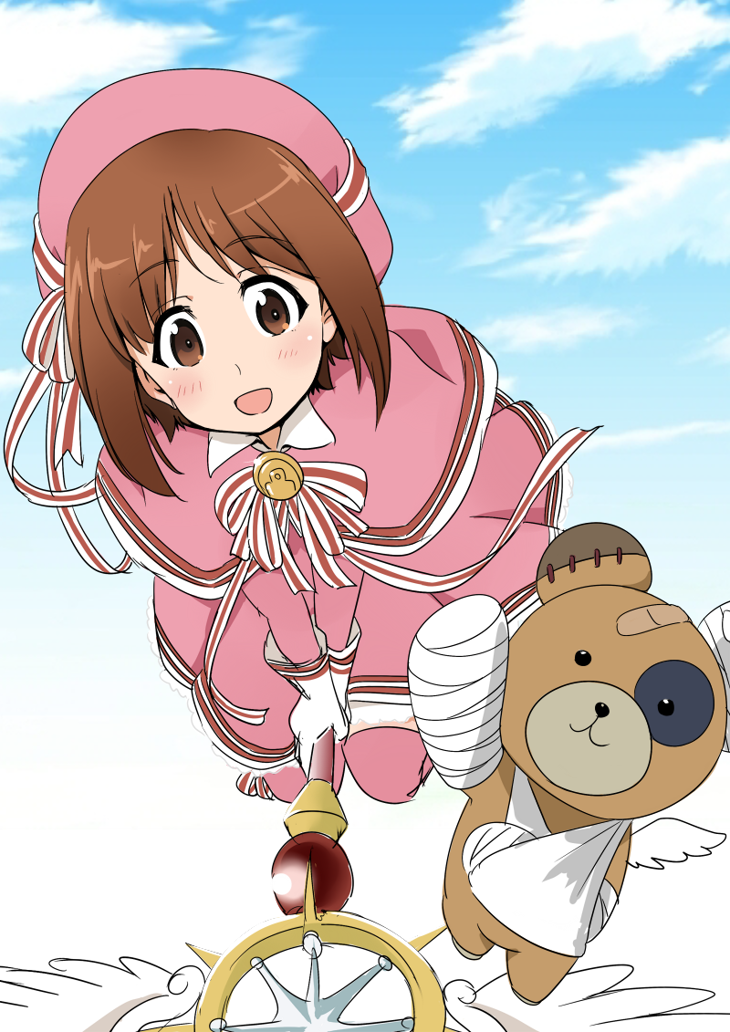 :d bandages bandaid bangs beret boko_(girls_und_panzer) broom broom_riding brown_eyes brown_hair cardcaptor_sakura cast cloud cloudy_sky commentary_request cosplay day dress eyebrows_visible_through_hair flying frilled_dress frills full_body girls_und_panzer gloves hat hat_ribbon holding holding_wand kinomoto_sakura kinomoto_sakura_(cosplay) looking_at_viewer magical_girl medium_dress neck_ribbon nekota_susumu nishizumi_miho open_mouth pink_capelet pink_dress pink_hat pink_legwear red_neckwear ribbon short_hair sky smile solo stuffed_animal stuffed_toy teddy_bear thighhighs wand white_gloves yume_no_tsue