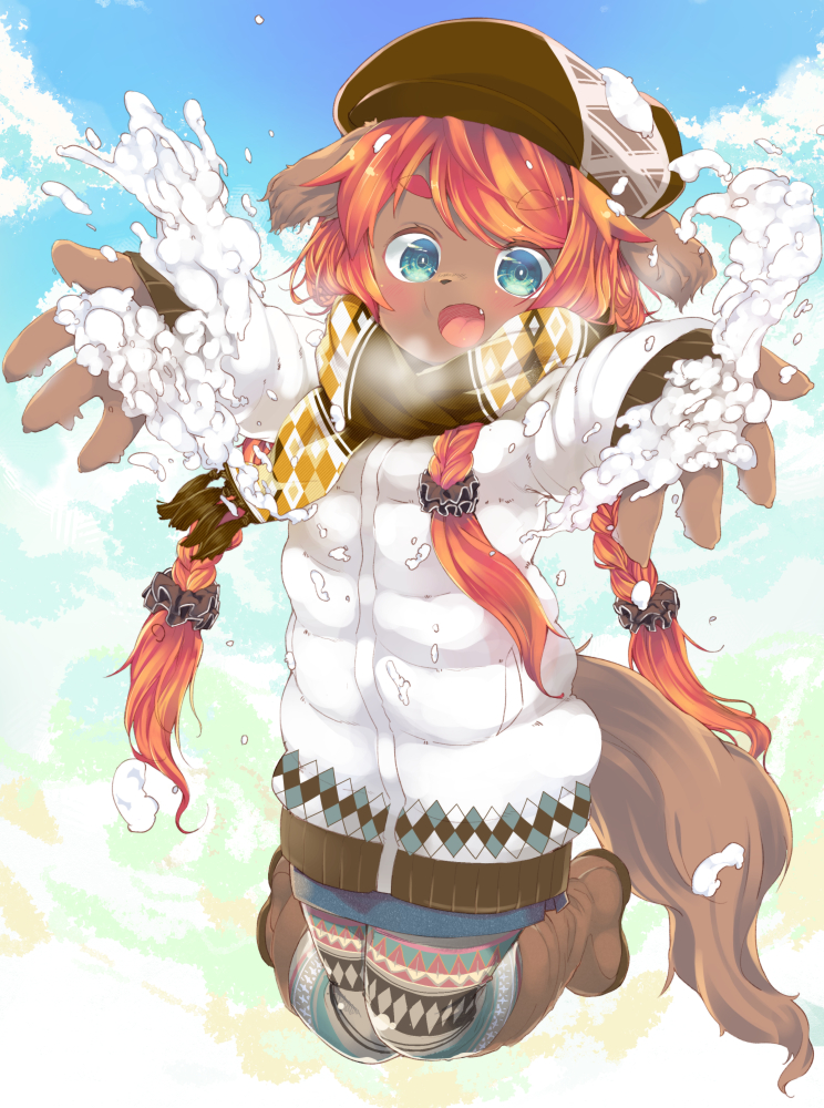 1girl azuki_akizuki boots dog furry hat open_mouth orange_hair original scarf solo teal_eyes yuneri_(azuki_akizuki)