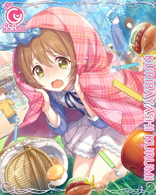 @_@ apple blanket blush brown_hair card_(medium) crying crying_with_eyes_open cygames food fruit green_eyes hair_ribbon hiding hot_dog kuribayashi_kurumi official_art princess_connect! ribbon sandwich short_hair tears