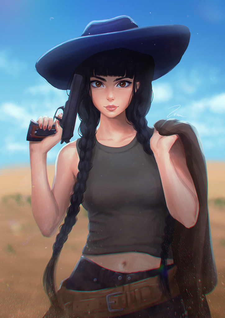 bangs bare_arms bare_shoulders belt belt_buckle black_hair black_pants blue_hat blue_sky blunt_bangs blurry blurry_background braid breasts brown_belt brown_eyes buckle cloud collarbone commission cowboy_hat cowboy_shot day depth_of_field desert finger_on_trigger grey_tank_top gun hair_over_shoulder handgun hat holding holding_gun holding_jacket holding_weapon horizon jacket lips long_hair looking_at_viewer nail_polish navel original outdoors pants parted_lips red_nails sand signature sky small_breasts solo standing tank_top twin_braids umigraphics v-shaped_eyebrows weapon