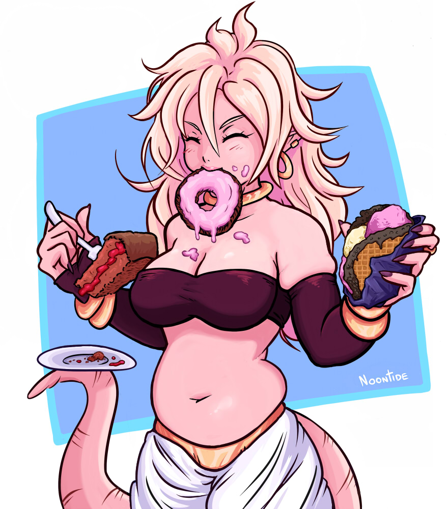 android_21 belly bracelet closed_eyes dragon_ball dragon_ball_fighterz earrings eating food food_in_mouth food_on_breasts food_on_face glutton jewelry long_hair majin_android_21 muffin_top nail_polish navel necklace noontide108 pastry pink_hair pink_skin plump simple_background solo strapless tail tubetop