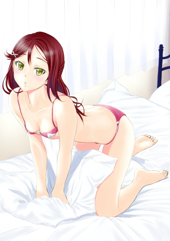all_fours arm_support barefoot bed bed_sheet bra breasts cleavage collarbone commentary curtains day full_body hair_ornament hairclip half_updo indoors kneeling leaning_forward long_hair looking_at_viewer love_live! love_live!_sunshine!! muffin_(sirumeria) on_bed panties parted_lips pillow red_bra red_hair red_panties sakurauchi_riko small_breasts solo underwear underwear_only window yellow_eyes