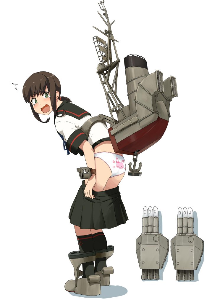 anchor anchor_symbol animal_print ass black_legwear blush boots brown_hair bunny_print commentary_request from_behind fubuki_(kantai_collection) full_body green_eyes kantai_collection kozou_(rifa) looking_back looking_to_the_side low_ponytail machinery open_mouth panties pleated_skirt ponytail print_panties remodel_(kantai_collection) sailor_collar school_uniform serafuku short_ponytail short_sleeves simple_background skirt skirt_pull smokestack solo standing tears underwear undressing white_background white_panties