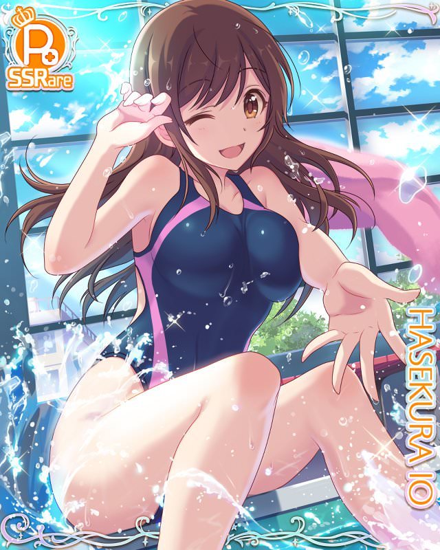 ;d breast_press breasts brown_eyes brown_hair card_(medium) competition_swimsuit cygames hasekura_io indoors long_hair medium_breasts official_art one-piece_swimsuit one_eye_closed open_mouth poolside princess_connect! smile splashing swimsuit water