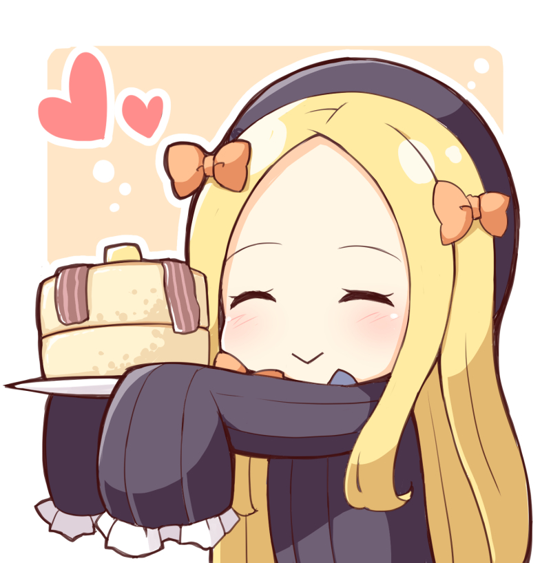 :&gt; ^_^ abigail_williams_(fate/grand_order) blonde_hair blush bow closed_eyes fate/grand_order fate_(series) food hair_bow heart long_hair long_sleeves ominaeshi_(takenoko) outline pancake ribbon sleeves_past_fingers sleeves_past_wrists smile white_background white_outline