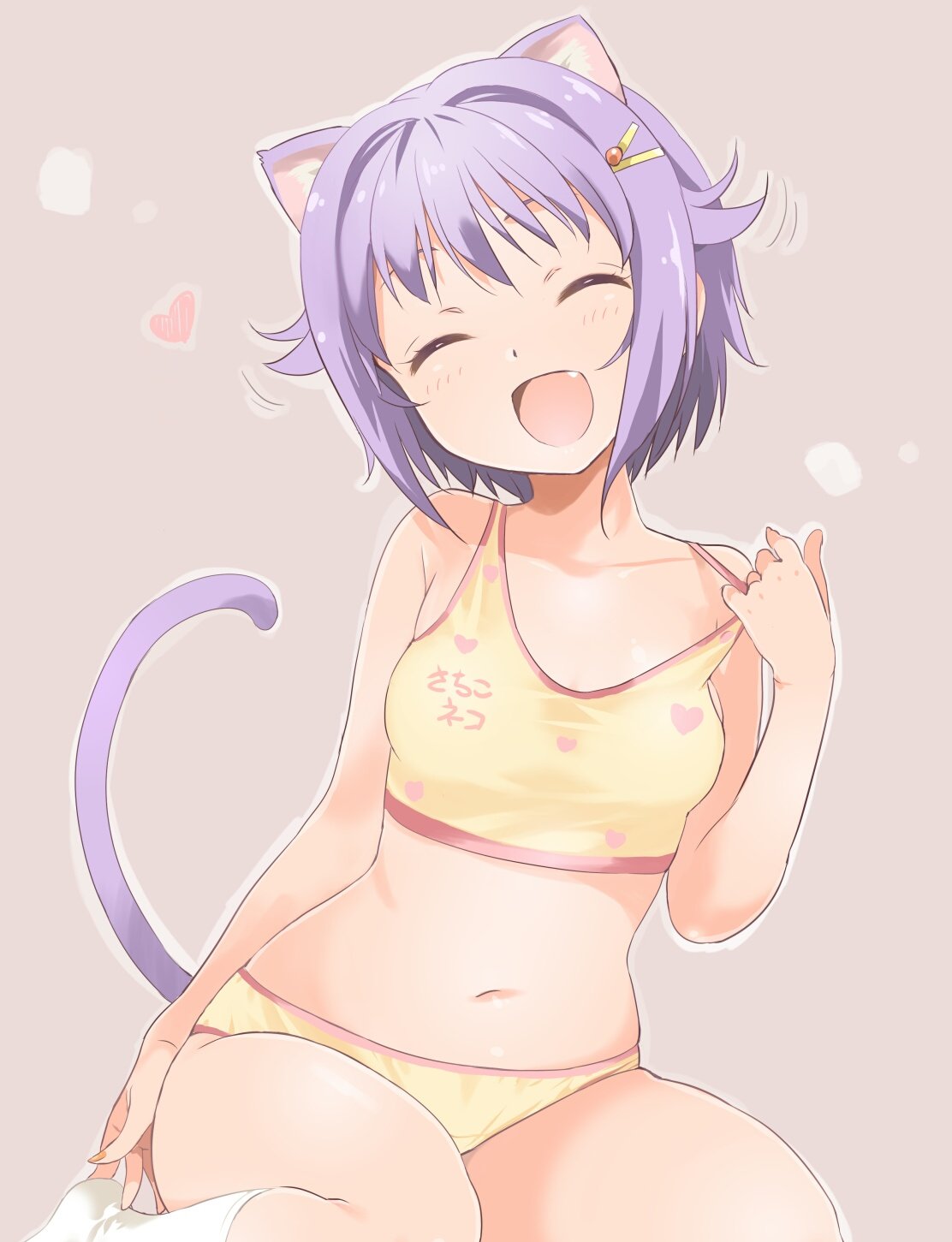 animal_ears arm_at_side artist_name bare_arms bare_shoulders bed_sheet blush bra breasts cat_ears cat_tail closed_eyes clothes_writing collarbone fang hair_ornament hairclip head_tilt heart highres idolmaster idolmaster_cinderella_girls inoue_sora kneehighs koshimizu_sachiko lavender_hair leaning_to_the_side nail_polish navel no_shoes open_mouth orange_nails panties pulled_by_self round_teeth short_hair simple_background sitting small_breasts smile solo stomach strap_pull tail tail_raised teeth training_bra translated underwear underwear_only wariza white_legwear yellow_panties