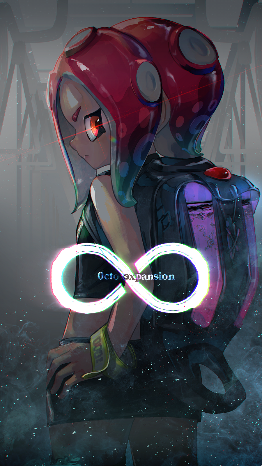 aqua_hair backpack bag bare_shoulders black_shirt black_skirt chromatic_aberration closed_mouth copyright_name cowboy_shot crop_top eyebrows flat_chest from_behind gradient_hair hand_on_hip highres kashu_(hizake) legs_apart long_hair looking_back microskirt multicolored_hair octarian octoling orange_eyes pencil_skirt red_hair shirt skirt sleeveless sleeveless_shirt solo sparkle splatoon_(series) splatoon_2 splatoon_2:_octo_expansion squidbeak_splatoon standing suction_cups tentacle_hair text_focus train_interior two-tone_hair wristband