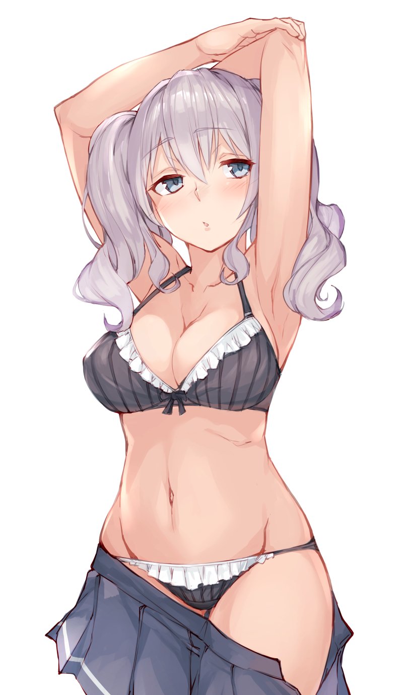 :o arm_grab armpits black_bra black_panties blue_eyes blush bra breasts cleavage collarbone cowboy_shot fumikiri hands_above_head highres kantai_collection kashima_(kantai_collection) looking_at_viewer medium_breasts navel panties parted_lips pleated_skirt silver_hair simple_background skindentation skirt skirt_pull solo stomach striped striped_bra striped_panties twintails underwear white_background