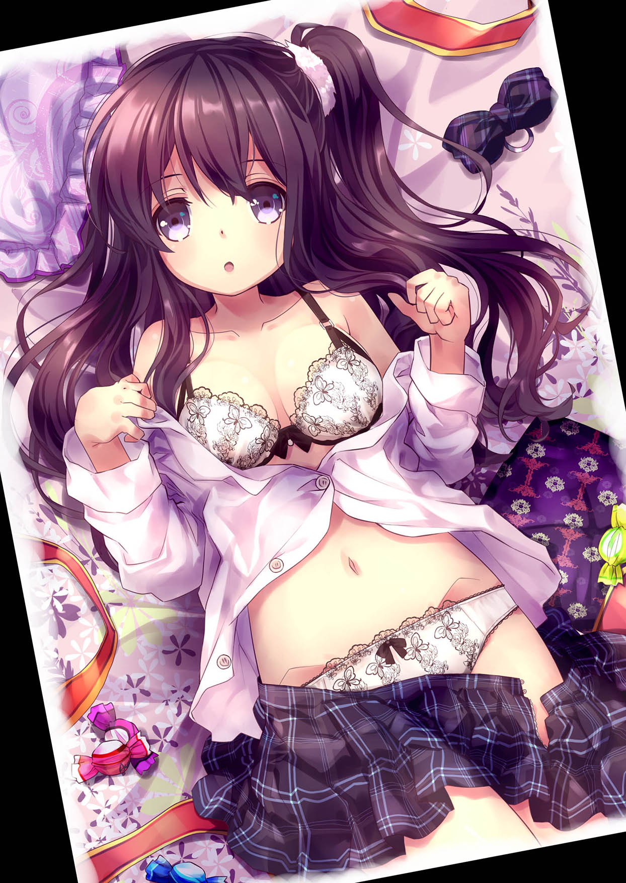 54hao :o bangs bare_shoulders black_skirt blush bow bow_bra bow_panties bowtie_removed bra breasts candy_wrapper collarbone dutch_angle eyebrows_visible_through_hair frilled_pillow frills groin hair_between_eyes hair_ornament hair_scrunchie hands_up highres long_hair long_sleeves looking_at_viewer lying medium_breasts navel off_shoulder on_back one_side_up original panties parted_lips partially_unbuttoned pillow plaid plaid_neckwear plaid_skirt purple_eyes purple_hair purple_neckwear scrunchie shirt skirt skirt_pull solo underwear white_bra white_panties white_scrunchie white_shirt