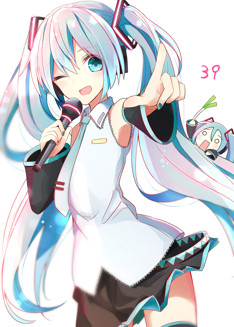 39 ;d aa_(sin2324) bare_shoulders black_legwear black_skirt blue_eyes blue_hair blue_nails blush chibi commentary_request detached_sleeves fingernails hachune_miku hair_ornament hatsune_miku holding holding_microphone long_hair long_sleeves looking_at_viewer microphone nail_polish o_o one_eye_closed open_mouth pleated_skirt pointing pointing_at_viewer shirt simple_background skirt sleeveless sleeveless_shirt smile spring_onion thighhighs twintails very_long_hair vocaloid white_background white_shirt