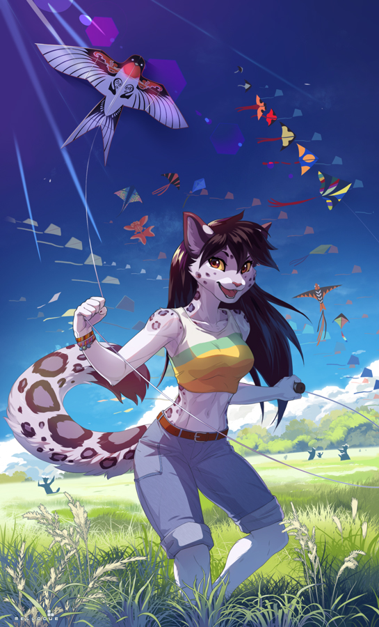 2018 5_fingers anthro breasts brown_eyes clothed clothing crop_top day detailed_background digital_media_(artwork) feline female leopard mammal melloque outside shirt sky smile standing