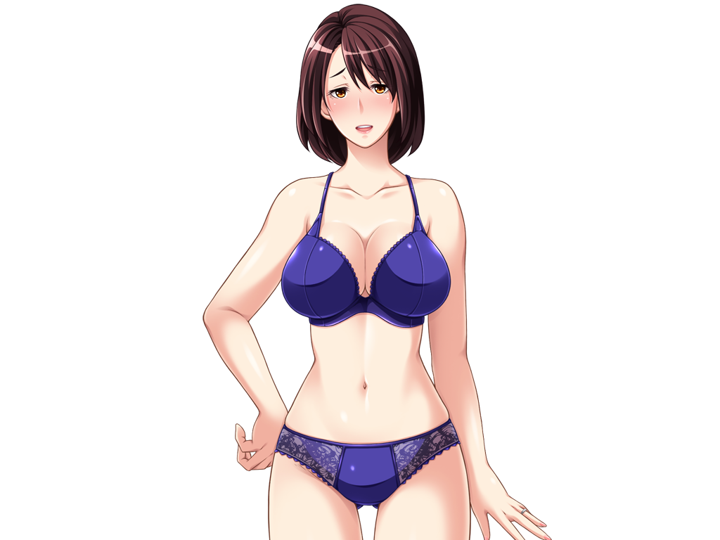 1girl bangs bare_arms bare_legs bare_shoulders blue_bra blue_panties blush bra breasts brown_hair butcha-u cleavage cowboy_shot game_cg gluteal_fold hand_on_hip highres large_breasts legs looking_at_viewer naruse_kumiko navel original panties parted_bangs parted_lips ring shiny shiny_clothes shiny_skin shinyuu_no_haha_kumiko short_hair simple_background solo standing thigh_gap thighs transparent_background underwear upper_body wedding_ring yellow_eyes