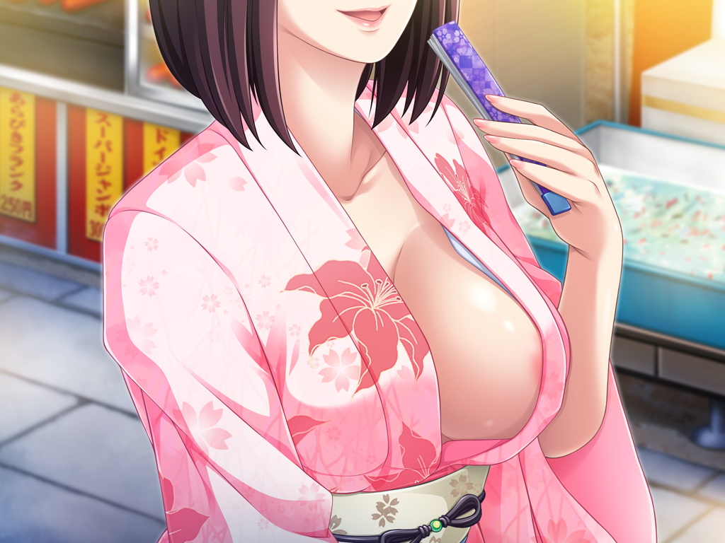 1girl areola_slip areolae breasts brown_hair butcha-u close-up game_cg highres holding holding_fan japanese_clothes kimono large_breasts naruse_kumiko no_bra obi original outdoors parted_lips shiny shiny_skin shinyuu_no_haha_kumiko short_hair smile solo standing street upper_body water yukata