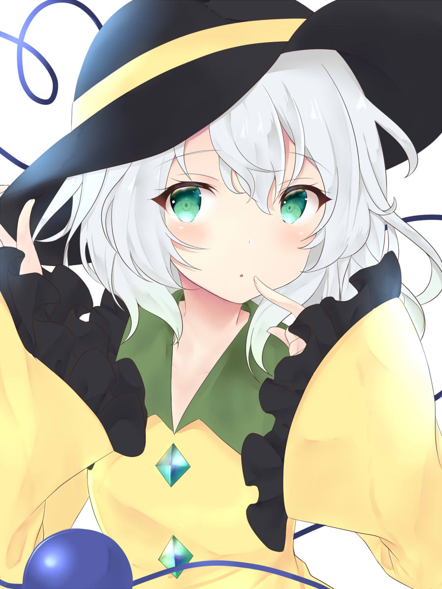black_hat blush collared_shirt green_eyes hair_between_eyes hand_to_own_mouth hat hat_ribbon heart heart_of_string highres index_finger_raised komeiji_koishi looking_at_viewer medium_hair open_mouth ribbon ribbon-trimmed_sleeves ribbon_trim shirt silver_hair simple_background solo third_eye tosakaoil touhou white_background wide_sleeves yellow_ribbon yellow_shirt
