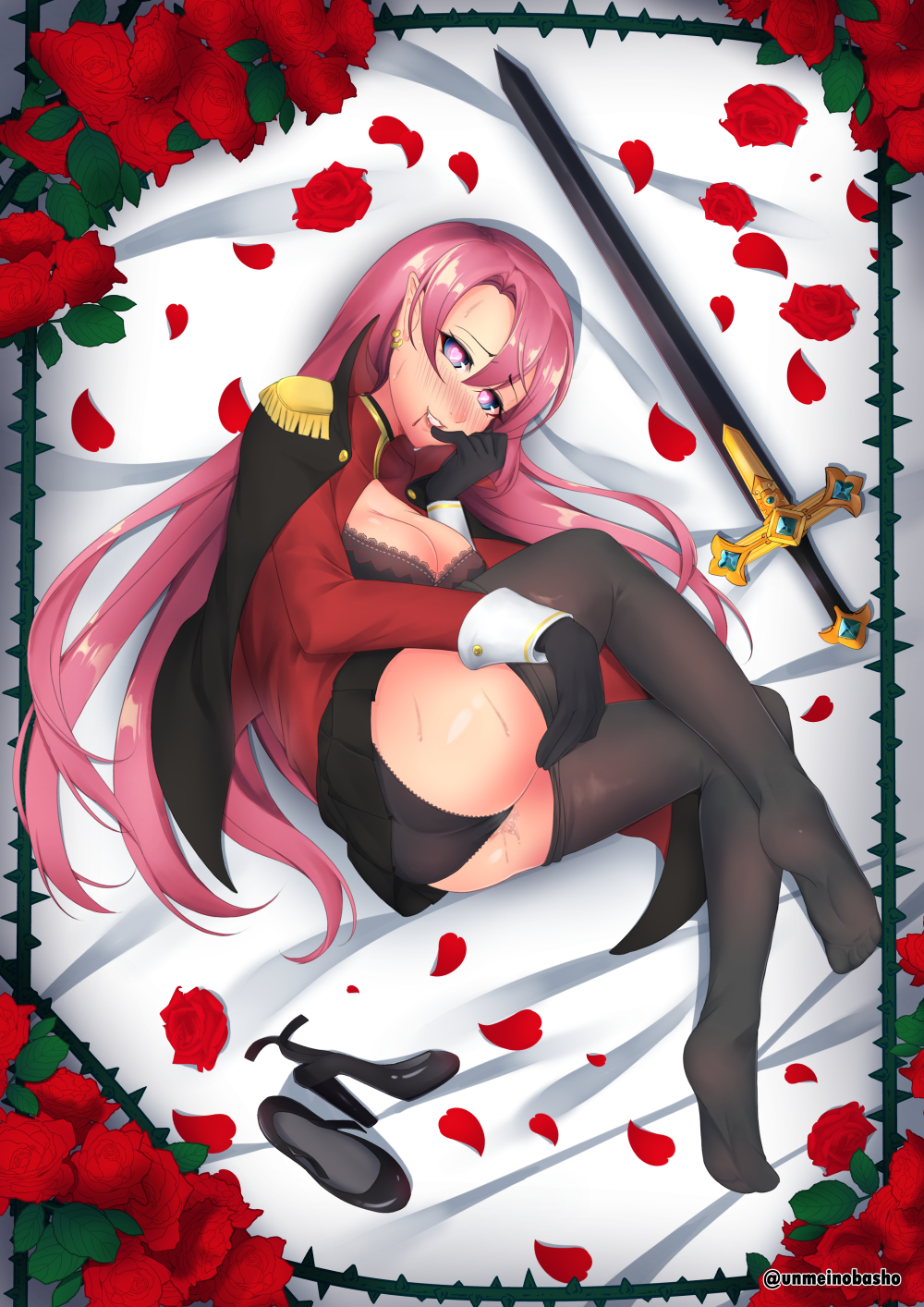 artist_name ass azur_lane bangs black_bra black_coat black_footwear black_gloves black_legwear black_panties black_skirt blue_eyes blush bra breasts breasts_outside coat duke_of_york_(azur_lane) fetal_position finger_to_mouth flower frame from_above full_body gloves hair_between_eyes heart heart-shaped_pupils high_heels highres jacket jacket_on_shoulders long_hair looking_at_viewer lying medium_breasts military military_uniform miniskirt naughty_face nose_blush on_side open_clothes open_jacket panties pantyhose pantyhose_pull parted_bangs parted_lips petals pink_hair pleated_skirt pointy_ears red_flower red_jacket red_rose rose shoes shoes_removed skirt smile solo sweat sword symbol-shaped_pupils thorns underwear uniform unmeinobasho very_long_hair weapon