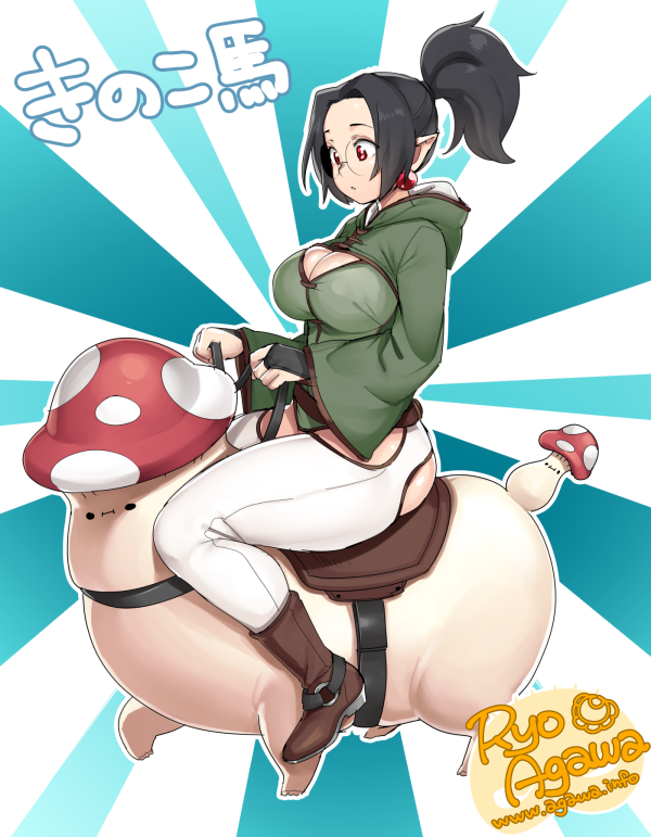 :| agawa_ryou black_hair boots breasts bridal_gauntlets cleavage closed_mouth commentary earrings elf full_body glasses high_ponytail hip_vent hood hood_down jewelry large_breasts long_hair mushroom original pants pointy_ears red_eyes reins riding rising_sun round_eyewear saddle solo_focus sunburst what