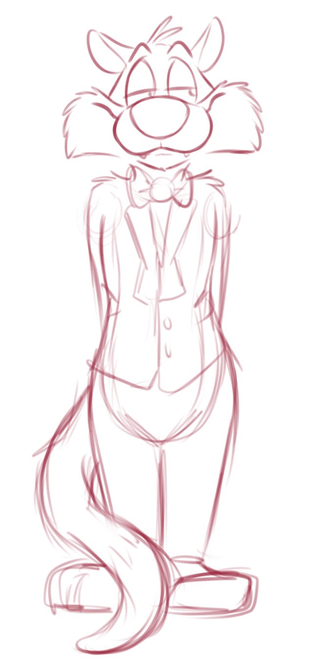 anthro bottomless bow_tie brown_and_white cat cheek_tuft clothed clothing eyebrows featureless_crotch feline front_view full-length_portrait fur half-closed_eyes head_tuft line_art looking_aside looney_tunes male mammal monochrome portrait rotten_robbie shoulder_tuft simple_background sketch smile solo standing suit sylvester tuft warner_brothers white_background