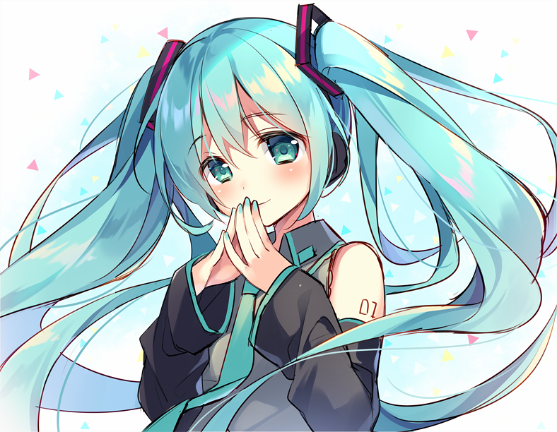 aqua_eyes aqua_hair aqua_nails aqua_neckwear bangs bare_shoulders blue_background blush closed_mouth collared_shirt eyebrows_visible_through_hair gradient gradient_background grey_shirt hatsune_miku headphones long_hair long_sleeves looking_at_viewer nail_polish necktie number_tattoo own_hands_together shiny shiny_hair shirt shoulder_tattoo smile solo suimya tareme tattoo triangle twintails upper_body very_long_hair vocaloid wing_collar