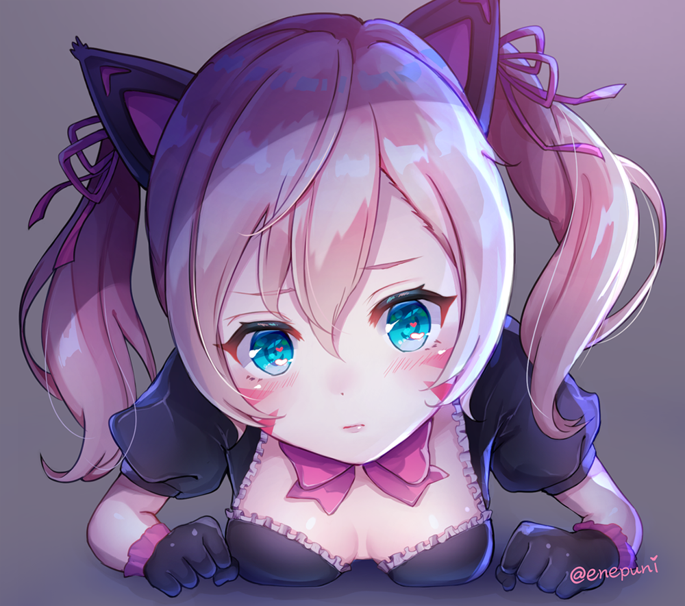 alternate_costume animal_ears aqua_eyes black_cat_d.va black_dress black_gloves blonde_hair blush bow breast_press breasts breasts_apart cat_ears clenched_hands close-up d.va_(overwatch) downblouse dress enepuni face facepaint facial_mark frilled_dress frills gloves grey_background lolita_fashion looking_at_viewer lying medium_breasts on_stomach overwatch pink_bow puffy_short_sleeves puffy_sleeves short_sleeves simple_background solo twintails twitter_username upper_body whisker_markings