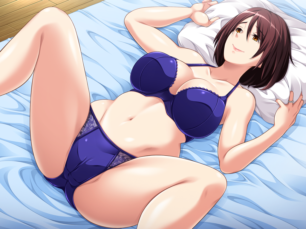 1girl arms_up bare_arms bare_legs bare_shoulders bed blue_bra blue_panties bra breasts brown_hair butcha-u cameltoe cleavage closed_mouth game_cg gluteal_fold groin highres indoors large_breasts legs looking_away lying naruse_kumiko navel on_bed original panties pillow pillow_grab ring shiny shiny_clothes shiny_skin shinyuu_no_haha_kumiko short_hair smile solo spread_legs thighs underwear wedding_ring yellow_eyes