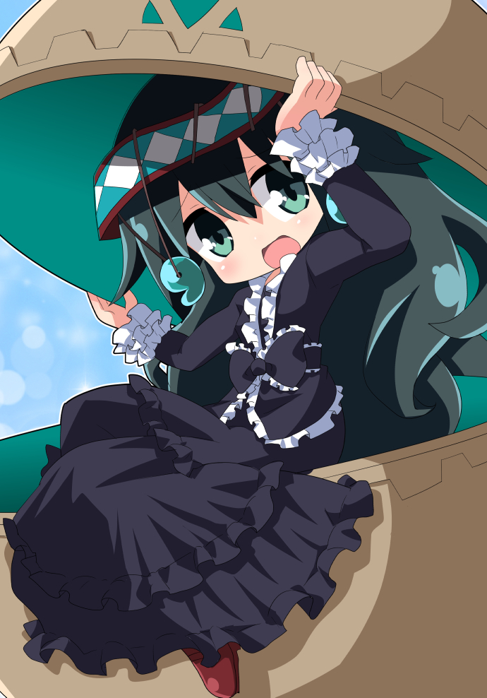 :d arms_up bangs black_bow black_dress blush bow commentary_request dress eyebrows_visible_through_hair frilled_bow frills gothic_lolita green_eyes green_hair hair_between_eyes head_tilt lolita_fashion long_sleeves looking_at_viewer magatama open_mouth osaragi_mitama oshiro_project oshiro_project_re red_footwear shoes sitting smile solo yoshinogari_(oshiro_project)