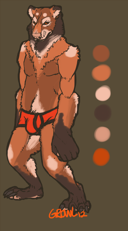 2012 4_toes anthro barefoot biped black_claws black_fur boxer_briefs brown_background brown_fur bulge claws clothed clothing color_swatch digital_media_(artwork) front_view fur looking_at_viewer male mammal model_sheet multicolored_fur orange_eyes pink_nose plantigrade red_bottomwear red_clothing red_underwear simple_background solo standing tape_(artist) toe_claws toes topless underwear ursine white_fur